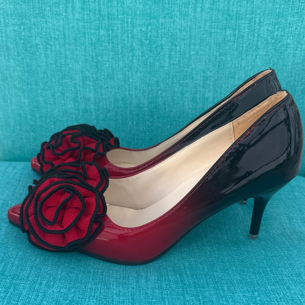 Red Patent Pointed-Toe Pumps with Decorative Rosette